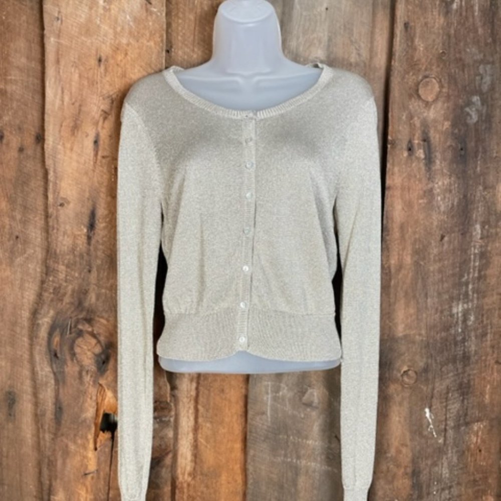 DKNY Tan/Gold Shimmer Cardigan - Size Medium